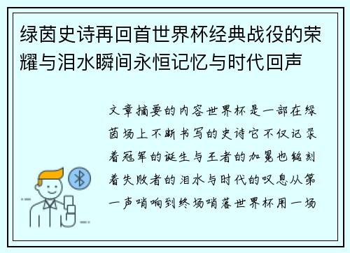 绿茵史诗再回首世界杯经典战役的荣耀与泪水瞬间永恒记忆与时代回声